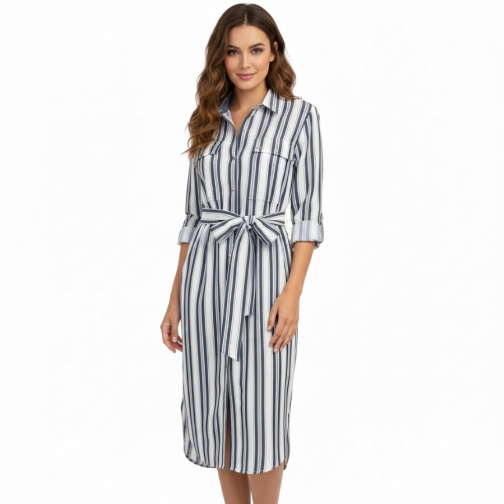 Tommy Hilfiger | Classic Collared Shirt Dress White, Navy Blue, Tan Stripes | 10